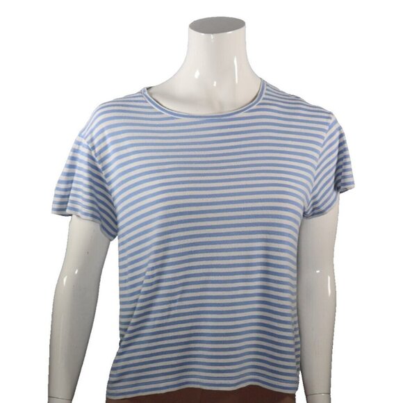 Vince Women's Large Steel Blue Bone White Stripe T-Shirt Silk Blend Tee Crew Top - Picture 4 of 11